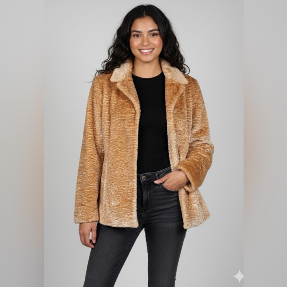 NWOT Valerie Stevens Shiny Peach Champagne Swirl Faux Fur Coat - Size L